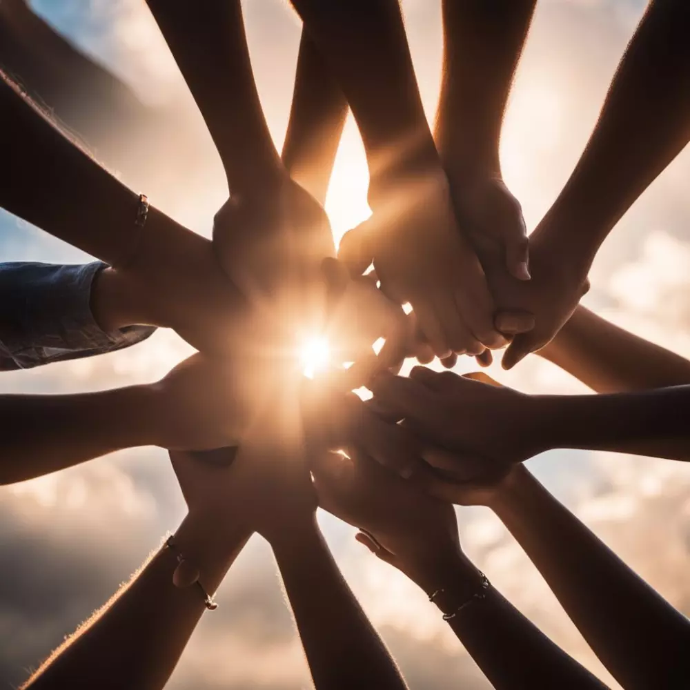 Supportive hands together, representing unity and support in a group, Photographic, Photography with a close-up lens and warm light to convey togetherness and support.
