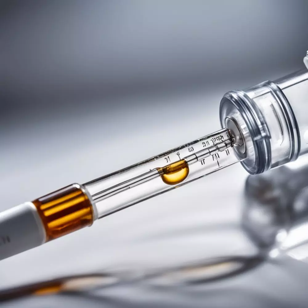 Detailaufnahme einer Lipolyse-Injektionsspritze, die die Flüssigkeit im Inneren zeigt, mit einem klinisch weißen Hintergrund, der Präzision und Sauberkeit betont. Fotografie mit einem Makroobjektiv, um die Textur der Spritze und der Flüssigkeit einzufangen.