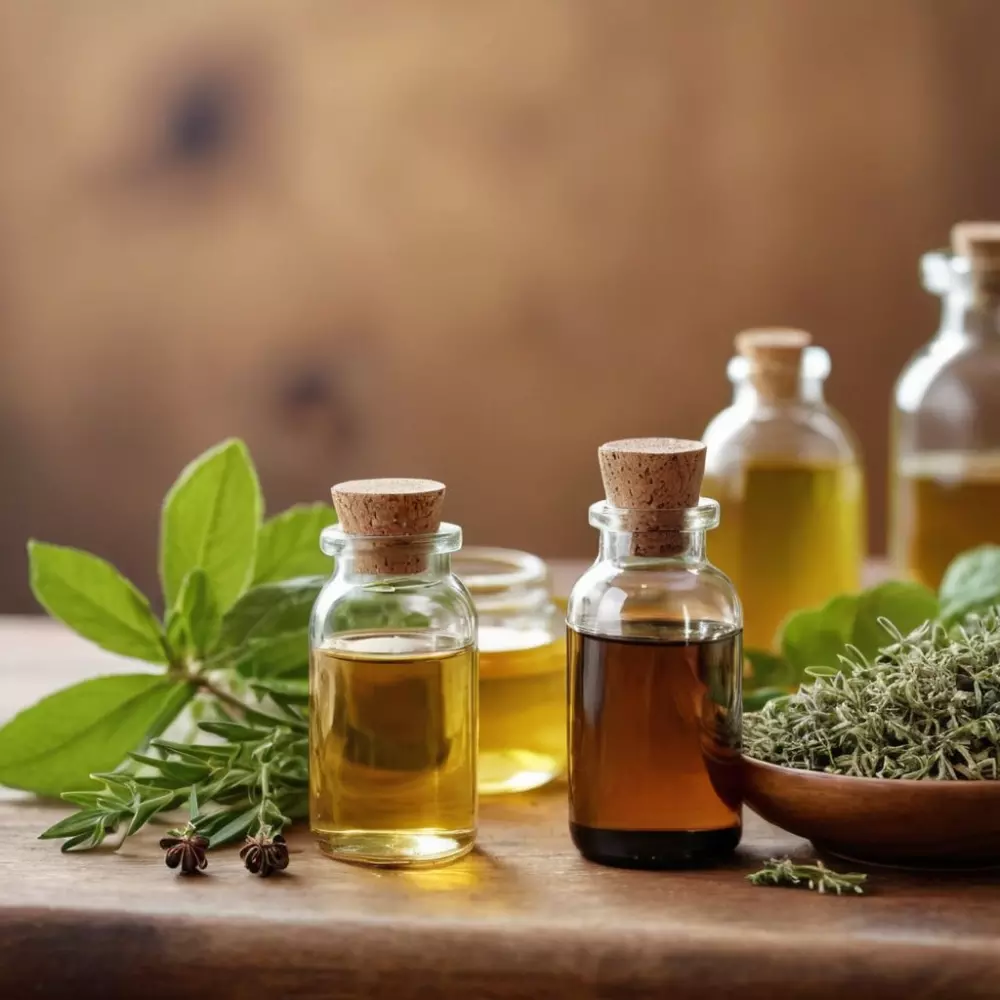 Verschiedene natürliche Hausmittel wie Kräuter und ätherische Öle auf einem Holztisch, mit einem ruhigen Zuhause im Hintergrund, fotografisch, Stilllebenfotografie mit natürlichem Licht und detailliertem Fokus auf den Objekten.
