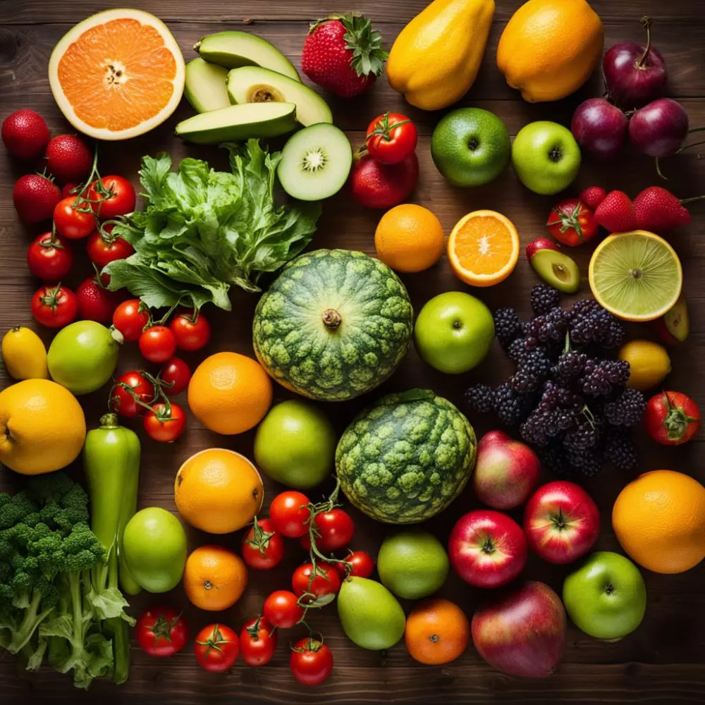 Eine Vielzahl von bunten und frischen Früchten und Gemüsesorten, ordentlich auf einem Holztisch arrangiert, präsentiert eine gesunde Ernährung, wobei natürliches Licht die Frische und Textur der Lebensmittel beleuchtet. Fotografiert mit einem Makroobjektiv, um sich auf die Details und lebendigen Farben der Zutaten zu konzentrieren.