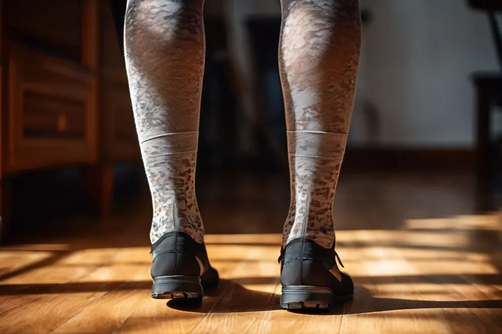 Nahaufnahme von Beinen, die Kompressionsstrümpfe tragen, mit Fokus auf die Textur und Passform der Strümpfe, weiches Innenlicht, das die Stoffdetails betont, Fotografie, digitale Fotografie mit einem Makroobjektiv für eine detaillierte Aufnahme.