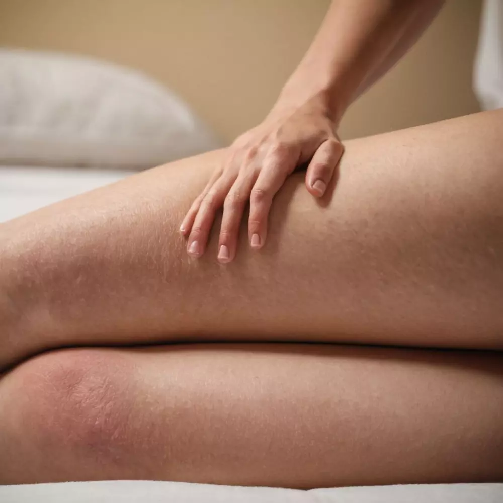 Nahaufnahme von geschwollenen Unterschenkeln, die Anzeichen von venöser Insuffizienz zeigen, mit Fokus auf Hautstruktur und sichtbaren Venen, in einer sanft beleuchteten Innenraumumgebung. Fotografie, aufgenommen mit einer hochauflösenden DSLR-Kamera und einem Makro-Objektiv, um Details zu betonen.