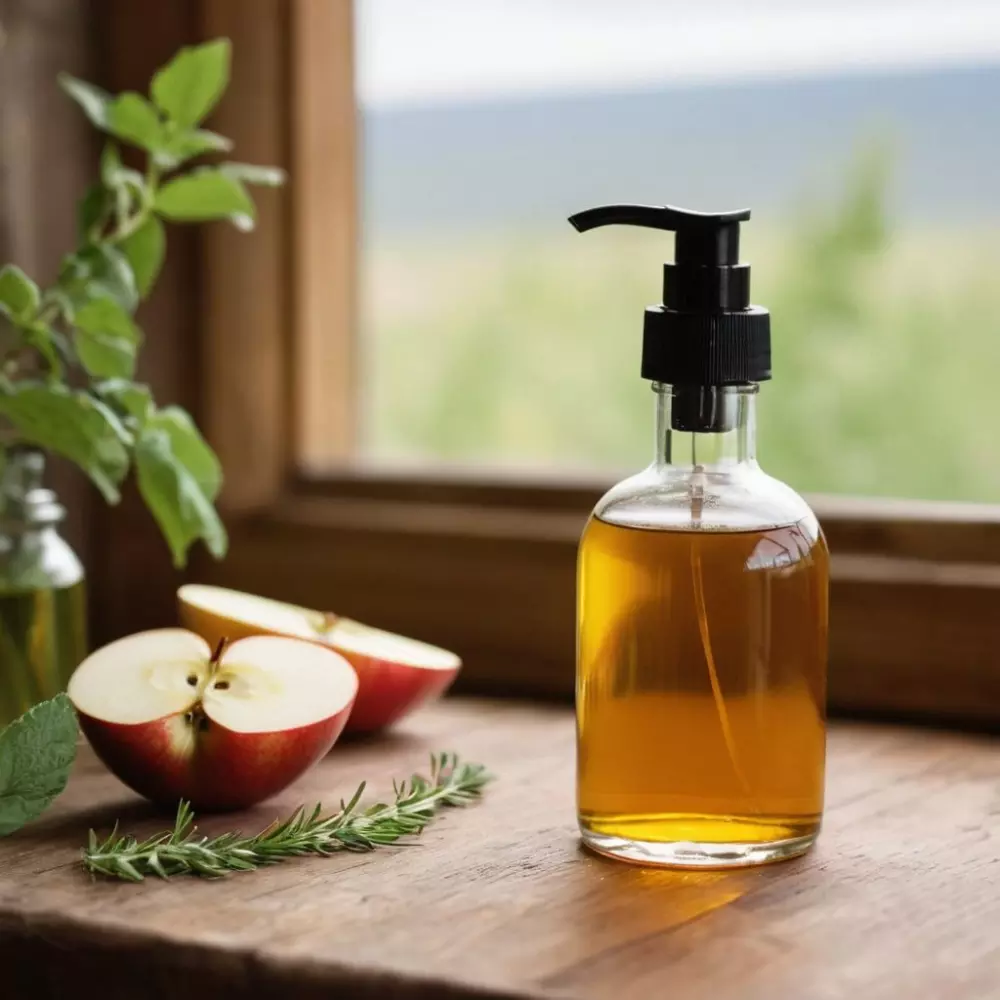 Ein Holztisch mit verschiedenen Hausmitteln gegen Besenreiser, darunter eine Flasche Apfelessig, Kräuter und ätherische Öle, weicher Fokus-Hintergrund, der die Gegenstände im Vordergrund betont, Fotografie in natürlicher Lichtumgebung.