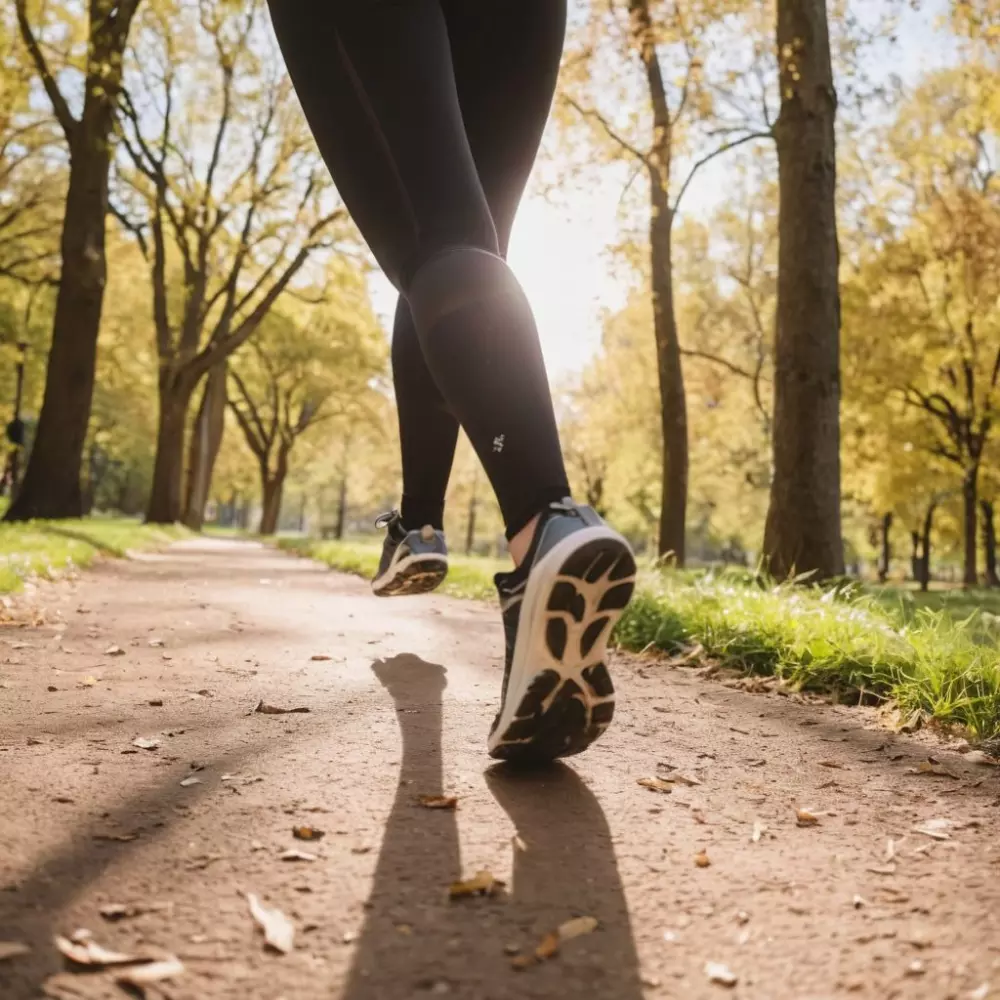 Ein Paar Beine trägt Kompressionsstrümpfe beim Joggen im Park, zeigt die Strümpfe deutlich in einer natürlichen Umgebung, mit Fokus auf Gesundheit und Aktivität, fotografisch festgehalten bei hellem Tageslicht mit einem Weitwinkelobjektiv, um die Bewegung und die Umgebung im Freien einzufangen.