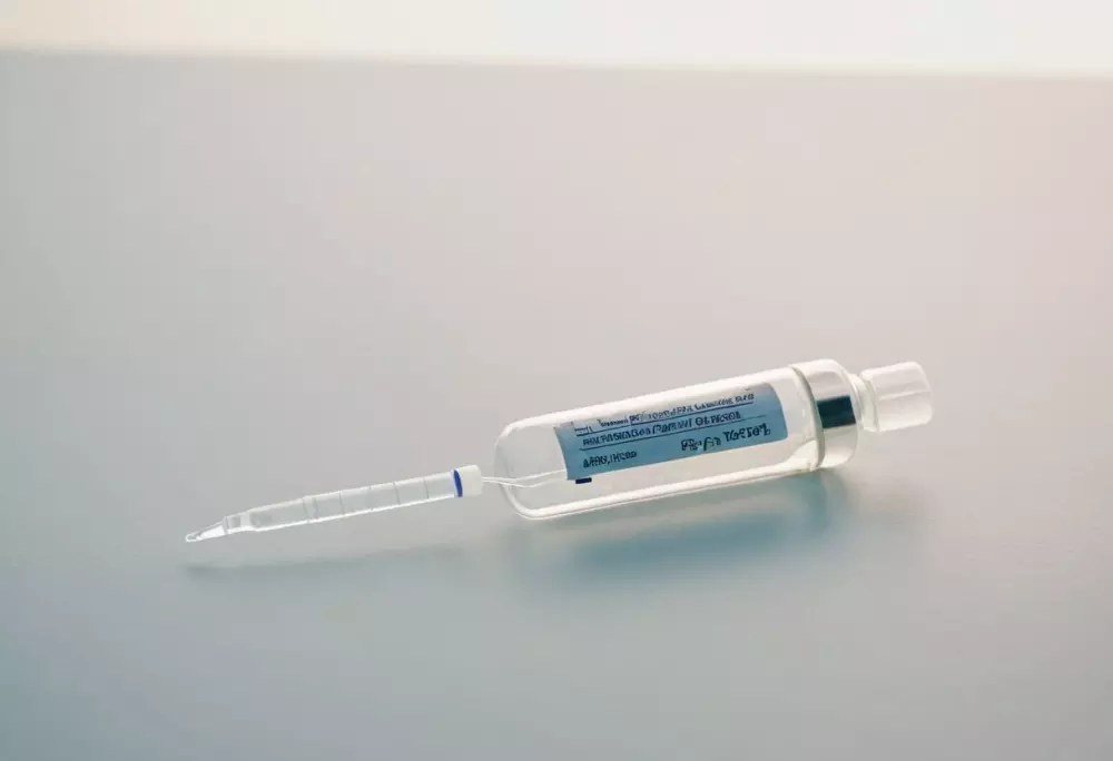 Eine Nahaufnahme einer Polidocanol-Flasche mit einer Spritze daneben auf einer sterilen, weißen Oberfläche, unter hellem, klinischem Licht, zeigt die klare Flüssigkeit bereit für die Behandlung von Krampfadern, fotografiert in einer detaillierten, hochauflösenden Umgebung.