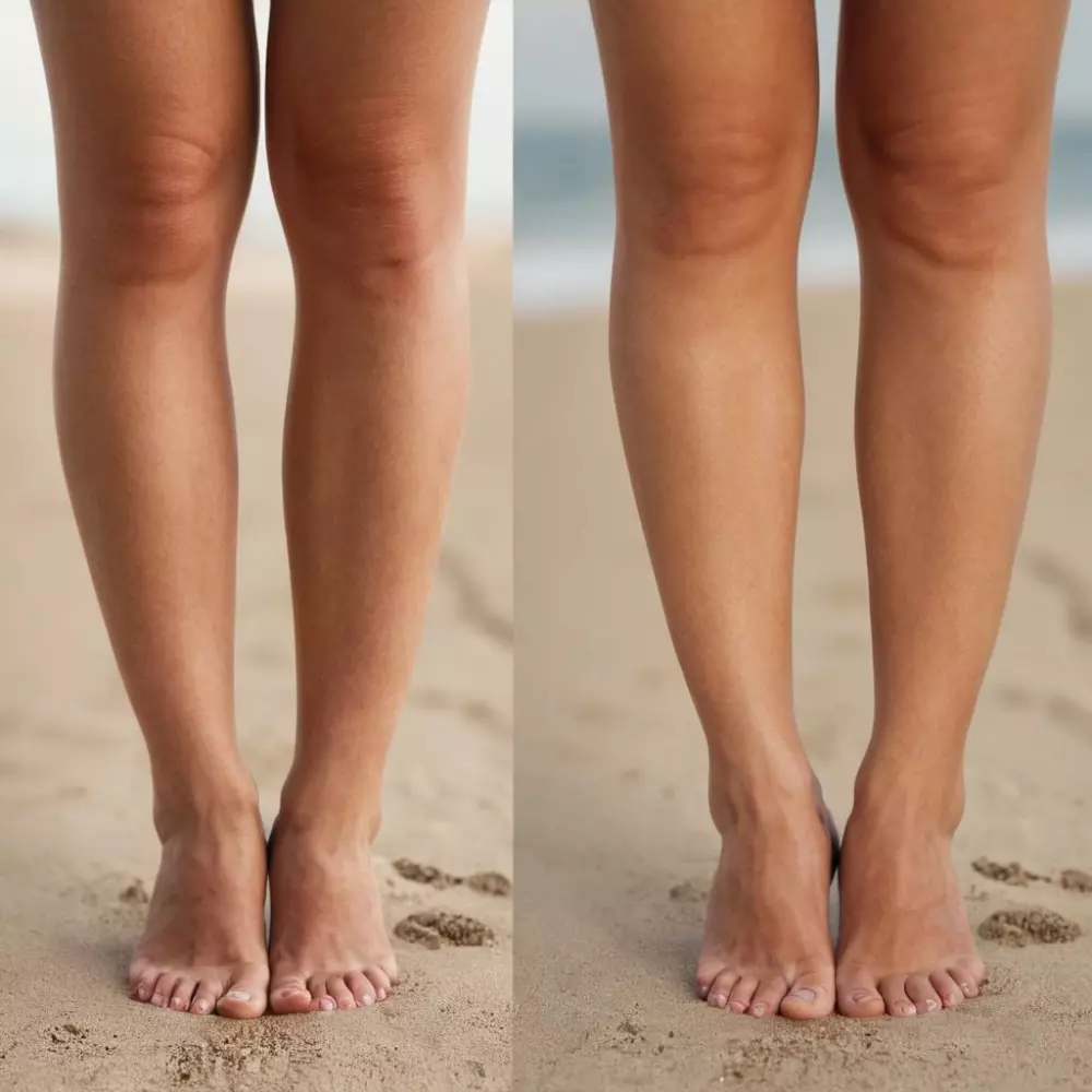 Seitlich aneinandergereihte Bilder von Beinen vor und nach der Behandlung von Besenreisern, die eine klare Verbesserung zeigen. Fotografisch festgehalten bei natürlichem Licht und mit einem mittleren Teleobjektiv.