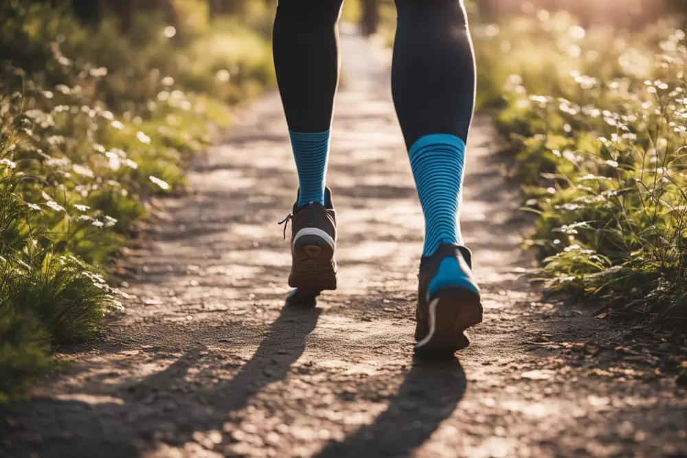 Person walking on a path, focus on legs with compression socks, outdoor setting, natural daylight, photographic style.