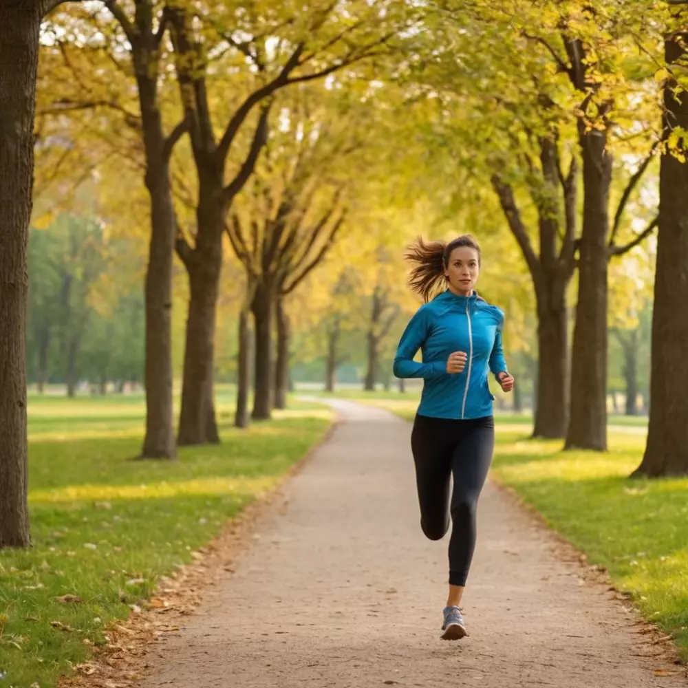 Person joggt im Freien in einem Park und verkörpert einen aktiven Lebensstil zur Vorbeugung von Venenentzündungen. Fotografie mit Weitwinkel, die die Person und die Parkumgebung zeigt.