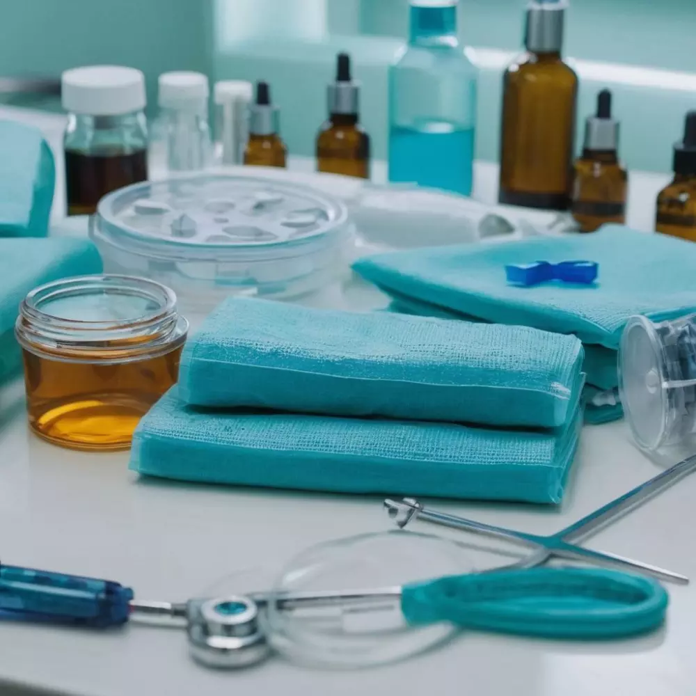 Medizinische Vorbereitungswerkzeuge liegen auf einem sterilen Tisch bereit für die Operation, unter hellem, sauberem Licht, fotografiert mit einem Weitwinkelobjektiv.