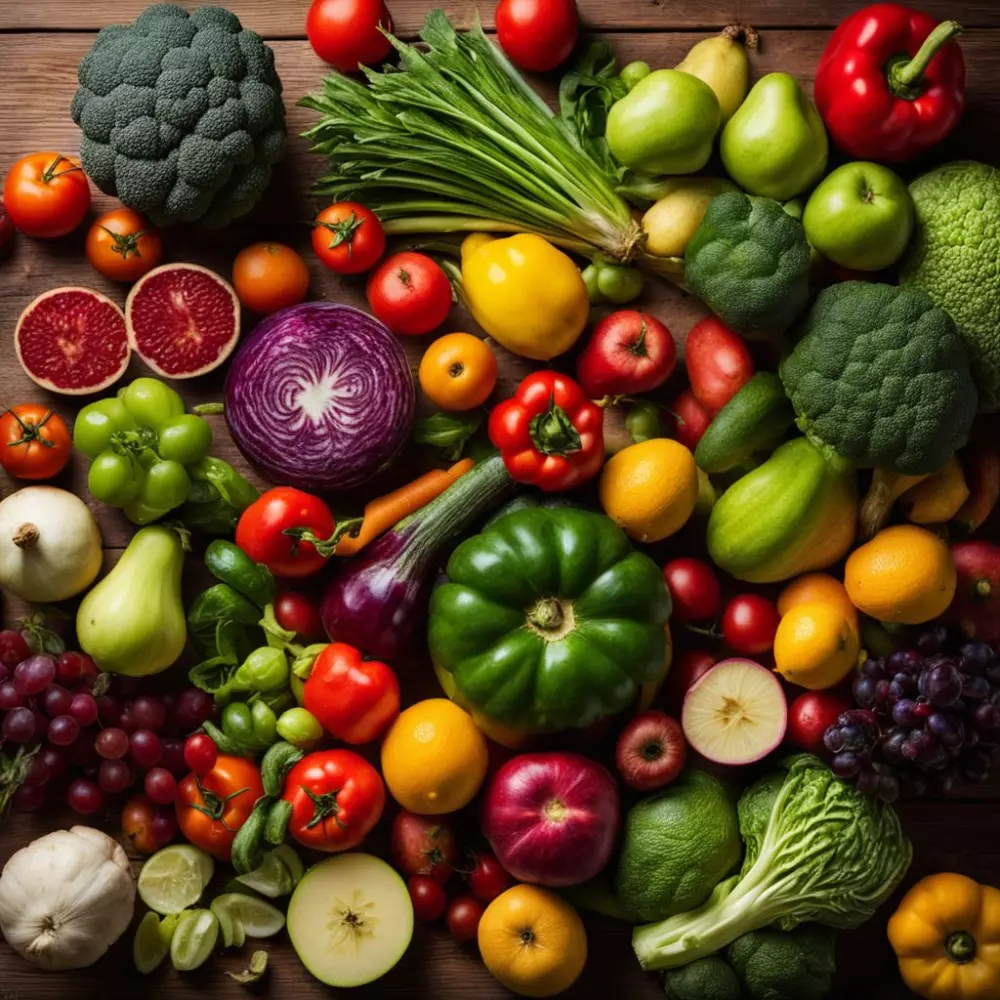 Vielfalt an buntem Gemüse und Obst auf einem Holztisch, fotografiert mit einem Weitwinkelobjektiv unter natürlichem Licht.
