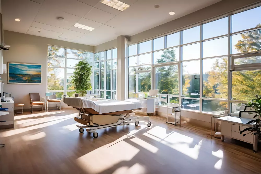Friedlicher Behandlungsraum in einer Tagesklinik mit modernem, sauberem Design und sanftem Tageslicht, das durch die Fenster fällt. Fotografiert mit einem Weitwinkelobjektiv.
