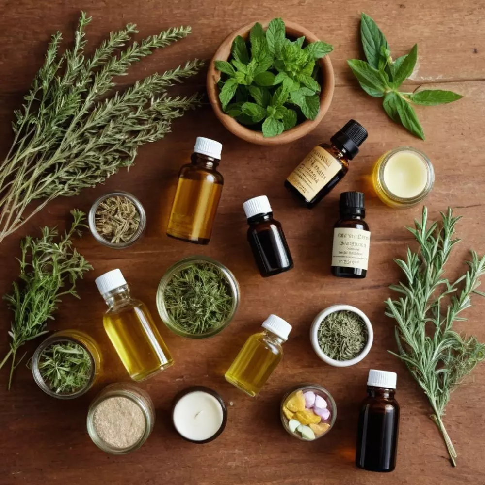 Verschiedene natürliche Heilmittel zur Hautbehandlung werden auf einem Holztisch präsentiert, darunter Kräuter und ätherische Öle, in einem Innenraum mit weichem Licht. Das Foto wurde mit einem Weitwinkelobjektiv aufgenommen, um eine detaillierte und einladende Komposition zu schaffen.