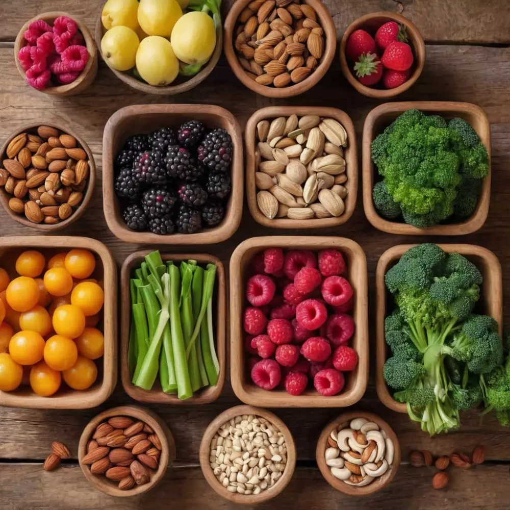 Auswahl an gesunden Lebensmitteln, darunter Beeren, Nüsse und grünes Gemüse, ordentlich auf einem rustikalen Holztisch arrangiert, lebendige Farben vor einem weichgezeichneten Hintergrund, fotografisch festgehalten im Tageslicht, um die Frische und Farben der Lebensmittel zu betonen.