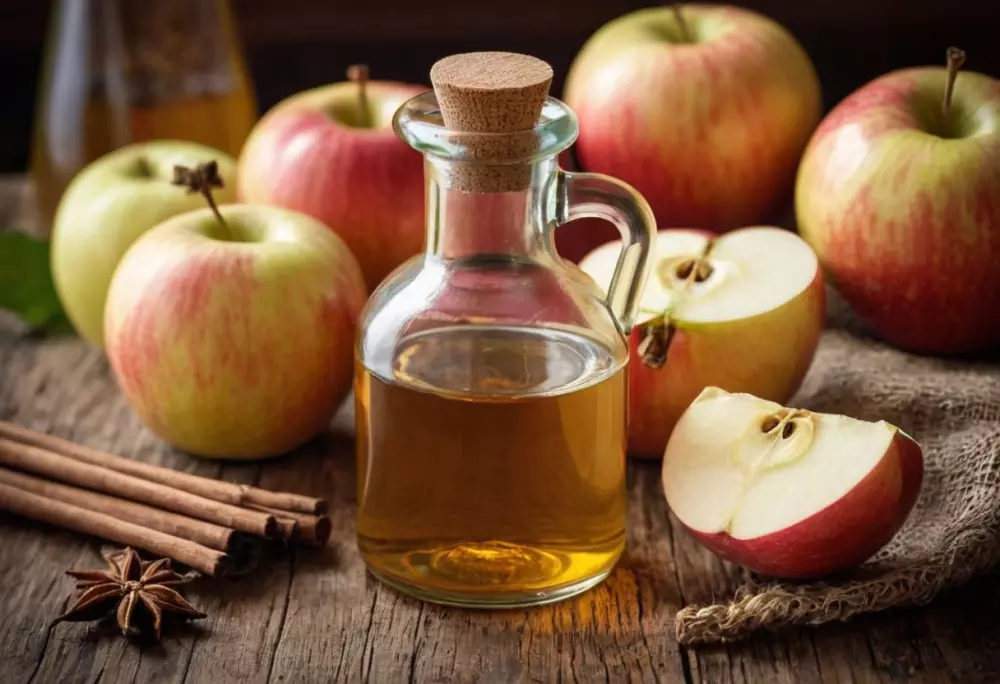 Verschiedene natürliche Hausmittel wie Apfelessig und Hamamelis auf einer hölzernen Oberfläche, Fokus auf ihren Texturen und natürlichen Farben, Fotografie, hochauflösende Nahaufnahme mit natürlichem Licht.