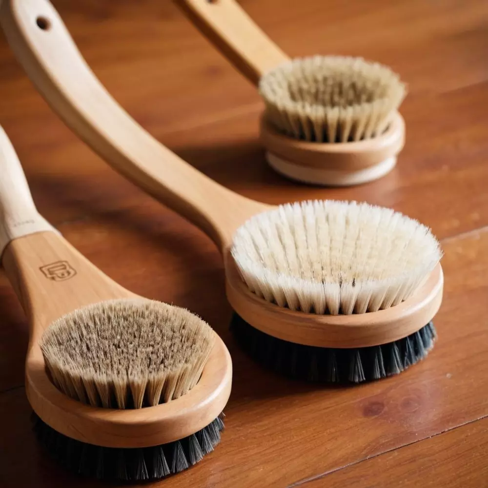 Eine Sammlung verschiedener Arten von Massagebürsten, elegant auf einer Holzoberfläche präsentiert, mit einem Fokus auf den verschiedenen Borstenarten und Griffen, fotografiert in weichem natürlichem Licht, um die Texturen und Details professionell zu betonen.