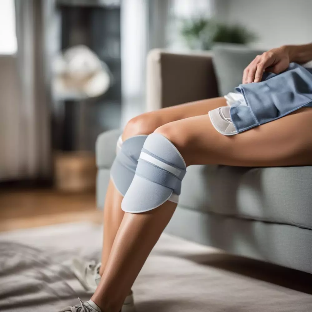Nahaufnahme eines Knies mit einem Kältepack darauf in einer gemütlichen häuslichen Umgebung, vermittelt ein Gefühl sofortiger Erleichterung. Fotografie mit Schwerpunkt auf der Anwendung des Kältepads unter Verwendung eines mittleren Teleobjektivs bei natürlichem Licht.