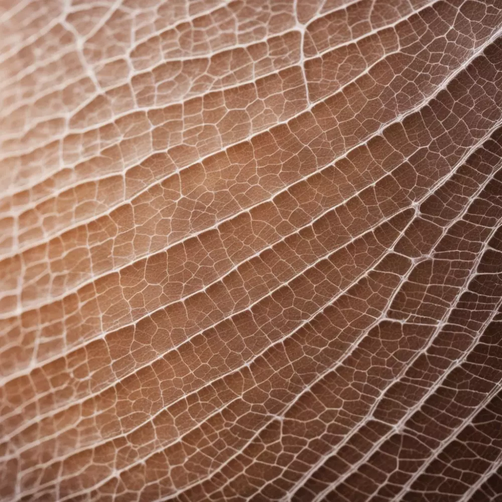 Nahaufnahme von heller Haut mit sichtbaren Besenreisern, im weichen Tageslicht, fotografischer Stil, Verwendung eines Makroobjektivs für eine detaillierte Textur.