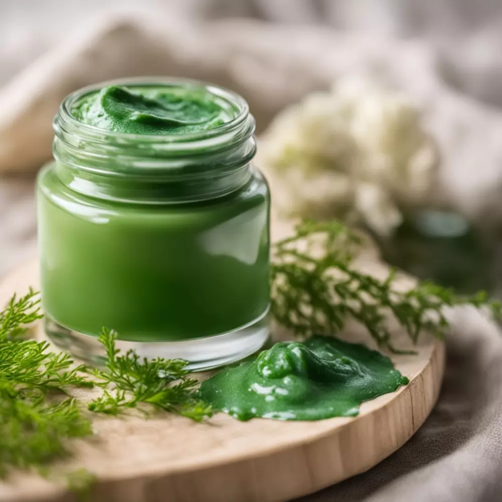 Ein Glas mit Algencreme mit einer grünen, cremigen Textur, fotografiert, Fokus auf dem Glas mit einem verschwommenen natürlichen Hintergrund.