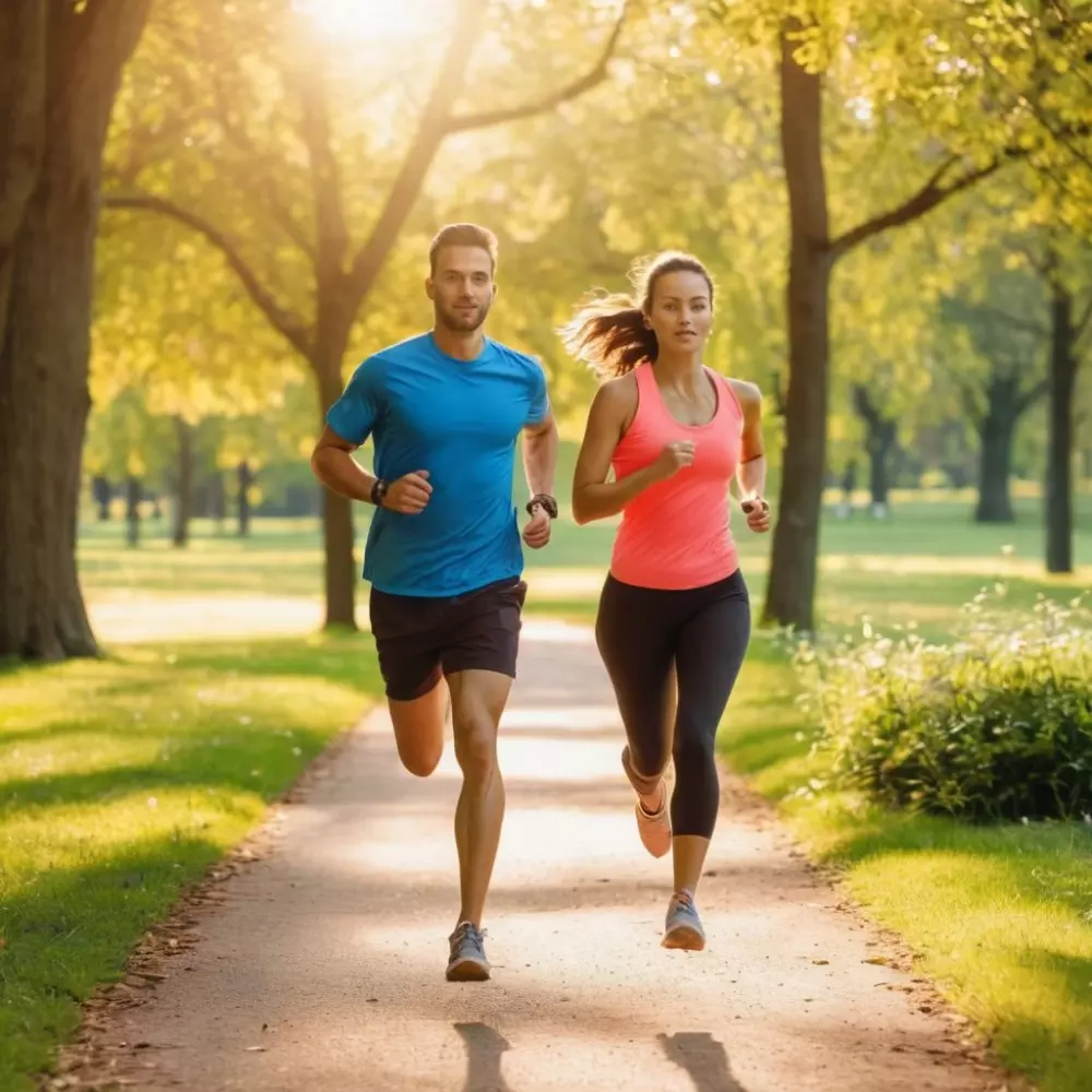 Person joggt in einem Park und repräsentiert einen aktiven Lebensstil als präventive Maßnahme gegen Venenschwäche, in einer ruhigen Parkumgebung, fotografisch festgehalten, Weitwinkelaufnahme mit natürlichem Sonnenlicht und lebendigen Farben.