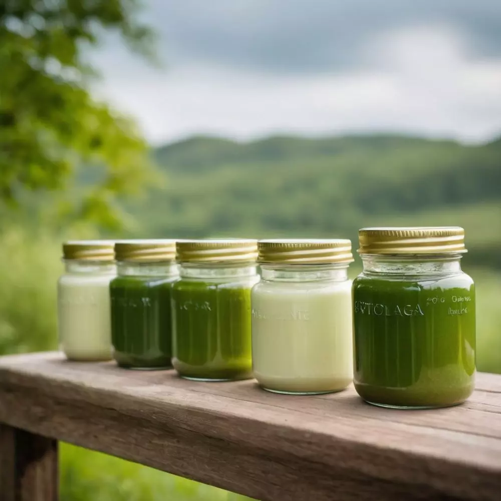Mehrere Gläser Algencreme stehen in einer Reihe, fotografiert mit Fokus auf den Etiketten und einem verschwommenen grünen Naturhintergrund.