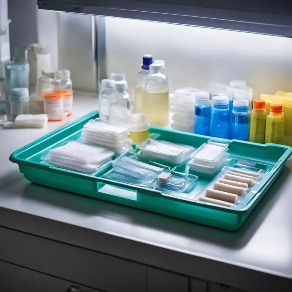 Ein ordentlich organisierter medizinischer Tablett mit Kochsalzlösung, Spritzen und sterilen Verbänden auf einem sauberen Tisch, unter hellem klinischem Licht, fotografisch, Fotografie mit scharfem Fokus, hoher Auflösung.