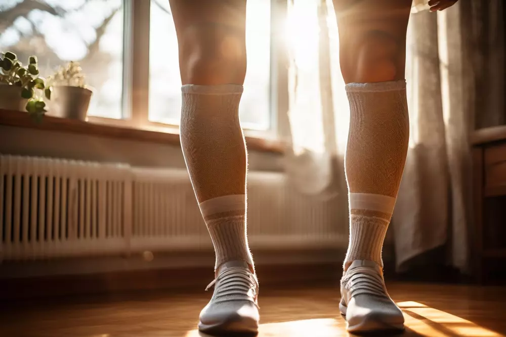 Nahaufnahme der Beine einer Person, die Kompressionsstrümpfe trägt, mit Fokus auf der Textur und Passform der Strümpfe, drinnen bei weichem Tageslicht, fotografisch aufgenommen mit einer DSLR-Kamera und einem scharfen Fokusobjektiv.