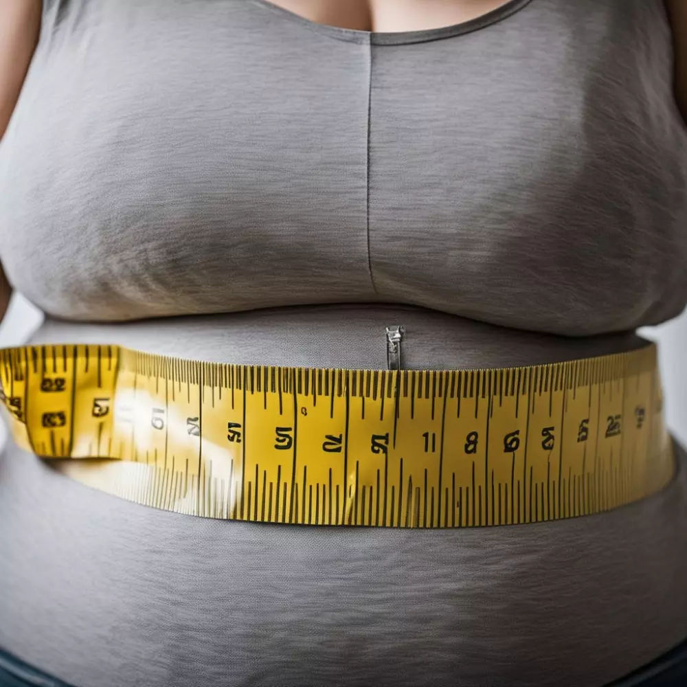 Overweight midsection with measuring tape, a medium shot focused on a belly slightly pressured by a measuring tape, with a neutral background, Photographic, captured with natural lighting and a 50mm lens to ensure detail.