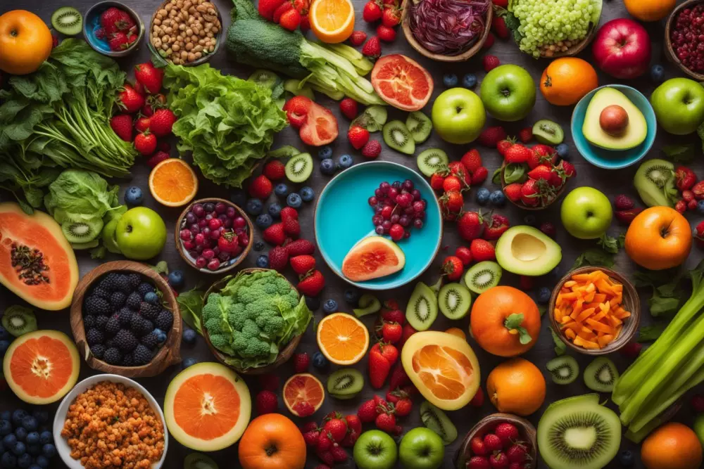 Healthy lifestyle choices, person exercising or selecting nutritious food, promoting vein health, Photographic, wide shot with vibrant colors and dynamic lighting.