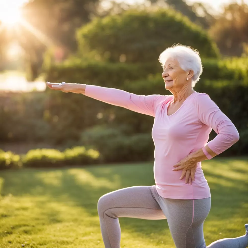 Ältere Frau macht Aufwärmübungen in einer friedlichen Außenumgebung, konzentriert sich auf sanfte Dehnübungen, im Morgenlicht, fotografiert mit einem mittleren Teleobjektiv, weiches natürliches Licht.