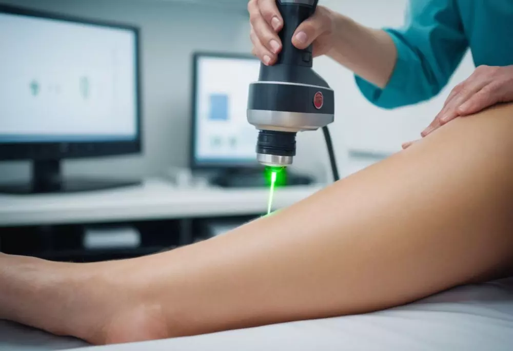 Ein medizinisches Fachpersonal bedient ein Lasergerät am Bein eines Patienten, wobei der Fokus auf dem Laserkopf und dem behandelten Bereich liegt, in einer modernen Klinikumgebung. Das Foto wurde mit einer hochauflösenden Kamera aufgenommen und zeigt deutlich den Ablauf des Verfahrens.