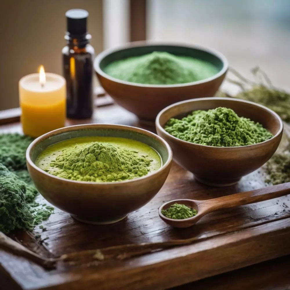 Tisch mit Schalen aus Algenpulver und natürlichen Ölen, fotografiert mit Fokus auf den Zutaten, unter hellem, natürlichem Licht.