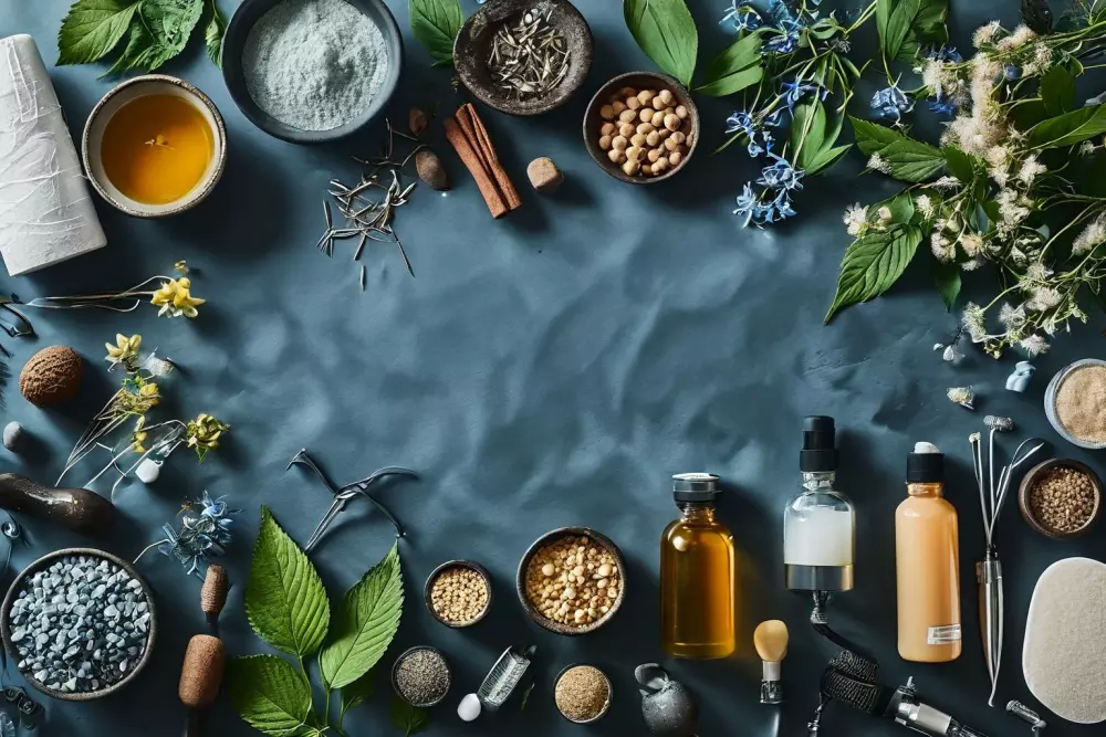 Verschiedene medizinische Werkzeuge und natürliche Zutaten auf einem Tisch, die sowohl medizinische als auch natürliche Ansätze zur Behandlung von Krampfadern darstellen, sauberes und organisiertes Layout, fotografische, hochauflösende Studiofotografie mit weichem Licht.