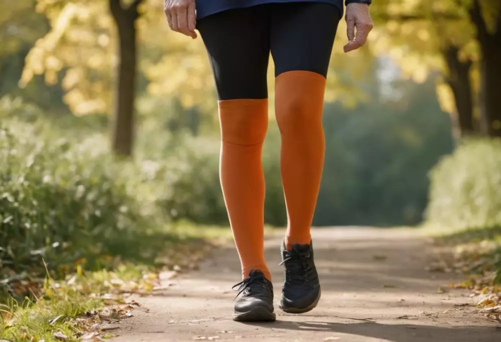 Aktive ältere Person trägt Kompressionsstrümpfe beim Spazierengehen im Park, fotografiert im natürlichen Licht mit einem mittleren Teleobjektiv.