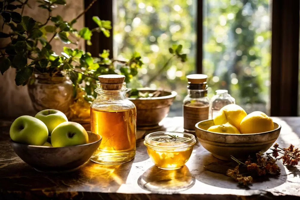 Natürliche Zutaten wie Apfelessig und Hamamelis auf einer Marmorarbeitsplatte, präsentiert in kleinen Schalen mit rustikalem Charme, weiches natürliches Licht wirft sanfte Schatten, fotografisch, eine Nahaufnahme, um die Texturen und natürlichen Farben zu zeigen.