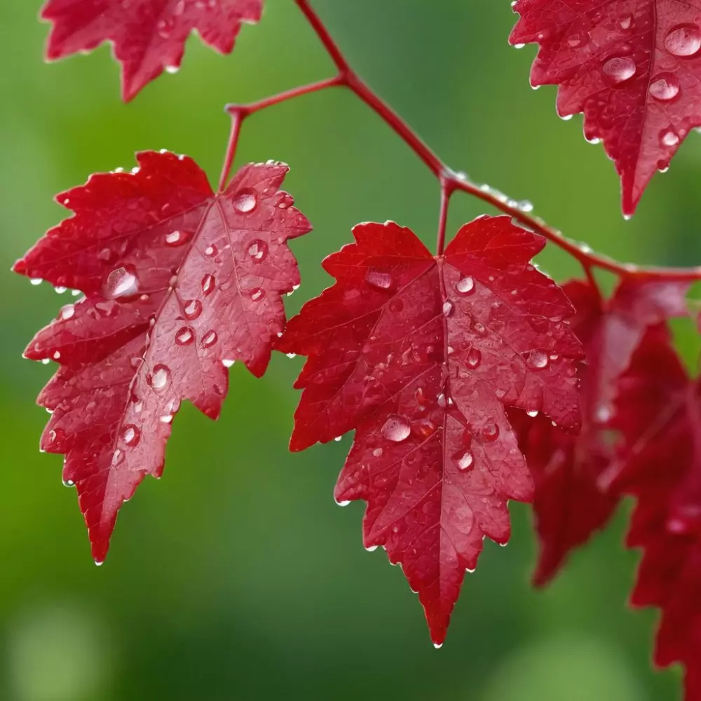 Rote Weinblätter mit Tropfen, eine Nahaufnahme von frischen roten Weinblättern mit Tautropfen, präsentiert vor einem verschwommenen grünen natürlichen Hintergrund, betont Frische und natürliche Essenz, Fotografie, Makrofotografie mit einem Makroobjektiv, natürliche Hintergrundbeleuchtung zur Betonung der Tropfen.