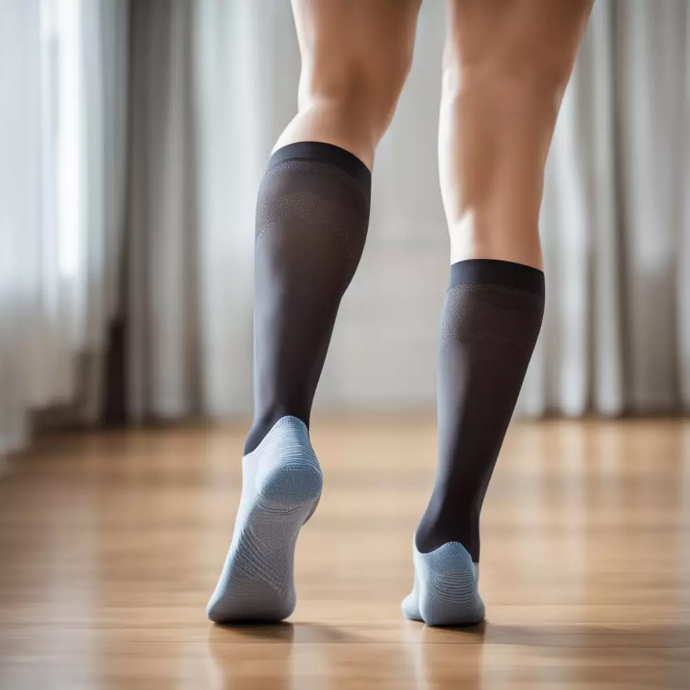 Close-up of a leg wearing compression stockings, detailed fabric texture and proper fit, Photographic, High-resolution image with sharp focus and natural lighting to show the use of compression wear.