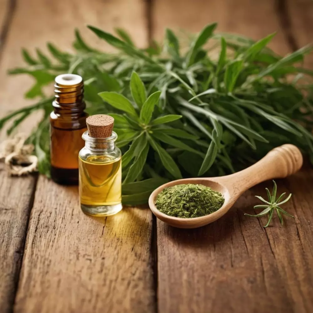 Natürliche Hausmittel gegen Gesichtsspinadern, einschließlich Kräutern und Ölen, ordentlich auf einer hölzernen Oberfläche angeordnet, Fotografie, Nahaufnahme mit Fokus auf natürlichen Elementen, unter Verwendung von warmem natürlichen Licht, hohe Auflösung.