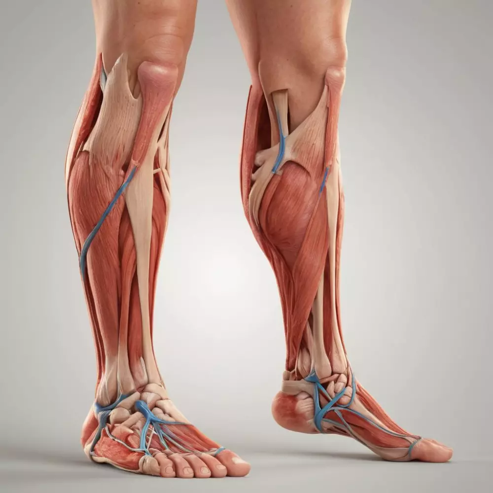 Detaillierte Darstellung eines menschlichen Beins mit sichtbaren entzündeten Venen, die Rötung und Schwellung zeigen, im anatomischen Diagrammstil, gerendert in einem 3D-Modell mit hoher Auflösung und detaillierten Texturen.