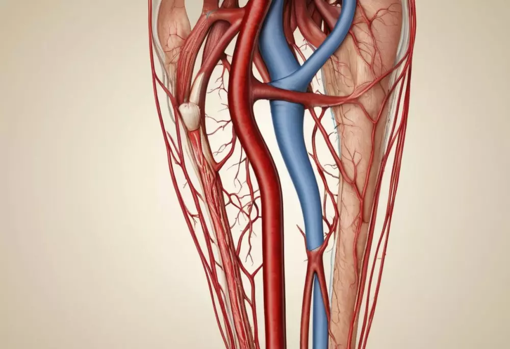 Detaillierte medizinische Illustration der menschlichen Venen, die ein klares und beschriftetes Diagramm des Blutkreislaufs mit Fokus auf den Beinvenen in einer sauberen klinischen Umgebung zeigt, mit neutralem Hintergrund. Illustration, digitale Illustration mit hoher Auflösung und detaillierter Anatomie.