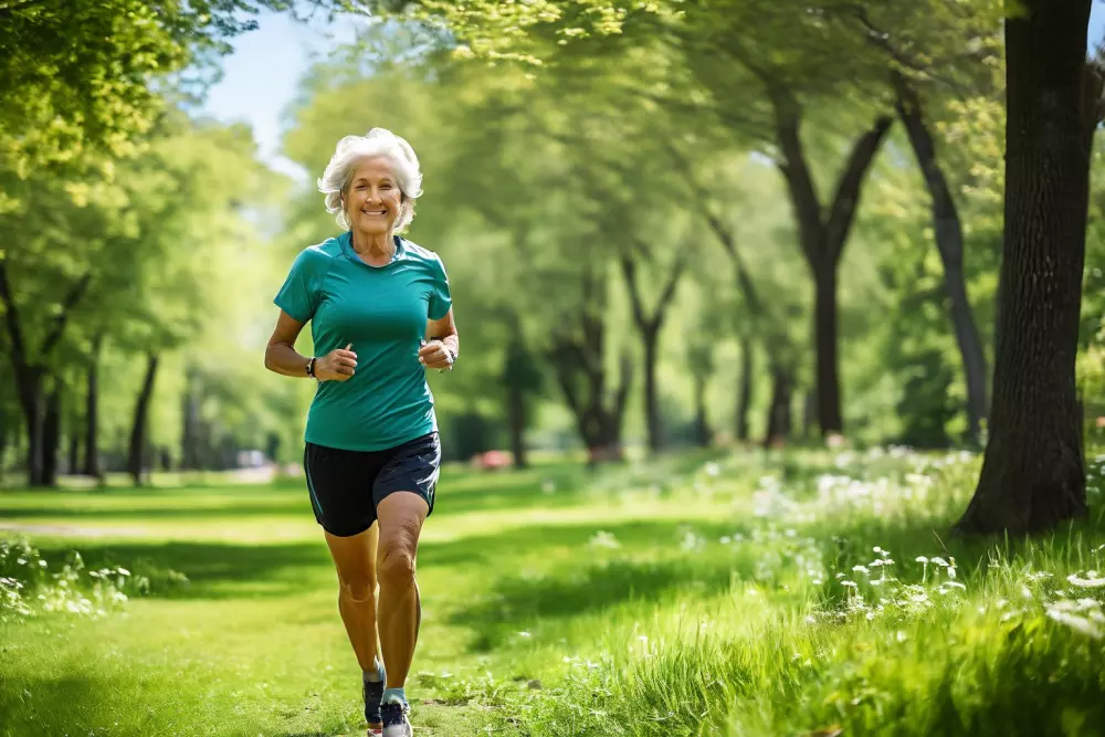 Aktive Seniorin joggt in einem Park und konzentriert sich auf ihre Beine, um die Vorbeugung von Krampfadern zu verdeutlichen. Das Foto wurde bei Tageslicht mit einem Weitwinkelobjektiv aufgenommen, um eine lebendige und gesunde Umgebung einzufangen.