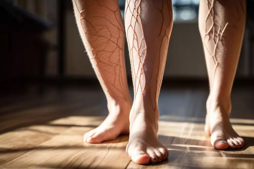 Nahaufnahme von hellhäutigen Beinen mit sichtbaren Besenreisern, fotografisch festgehalten mit einem Makroobjektiv unter natürlichem Licht.