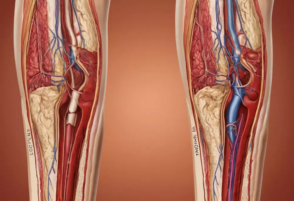 Querschnittsdiagramm eines Beins, das eine gesunde Vene und eine Krampfader zeigt, um die Unterschiede im Blutfluss und der Venenstruktur zu veranschaulichen. Digitale Illustration, Illustration mit detaillierter Anatomie und klaren Beschriftungen in hoher Auflösung.