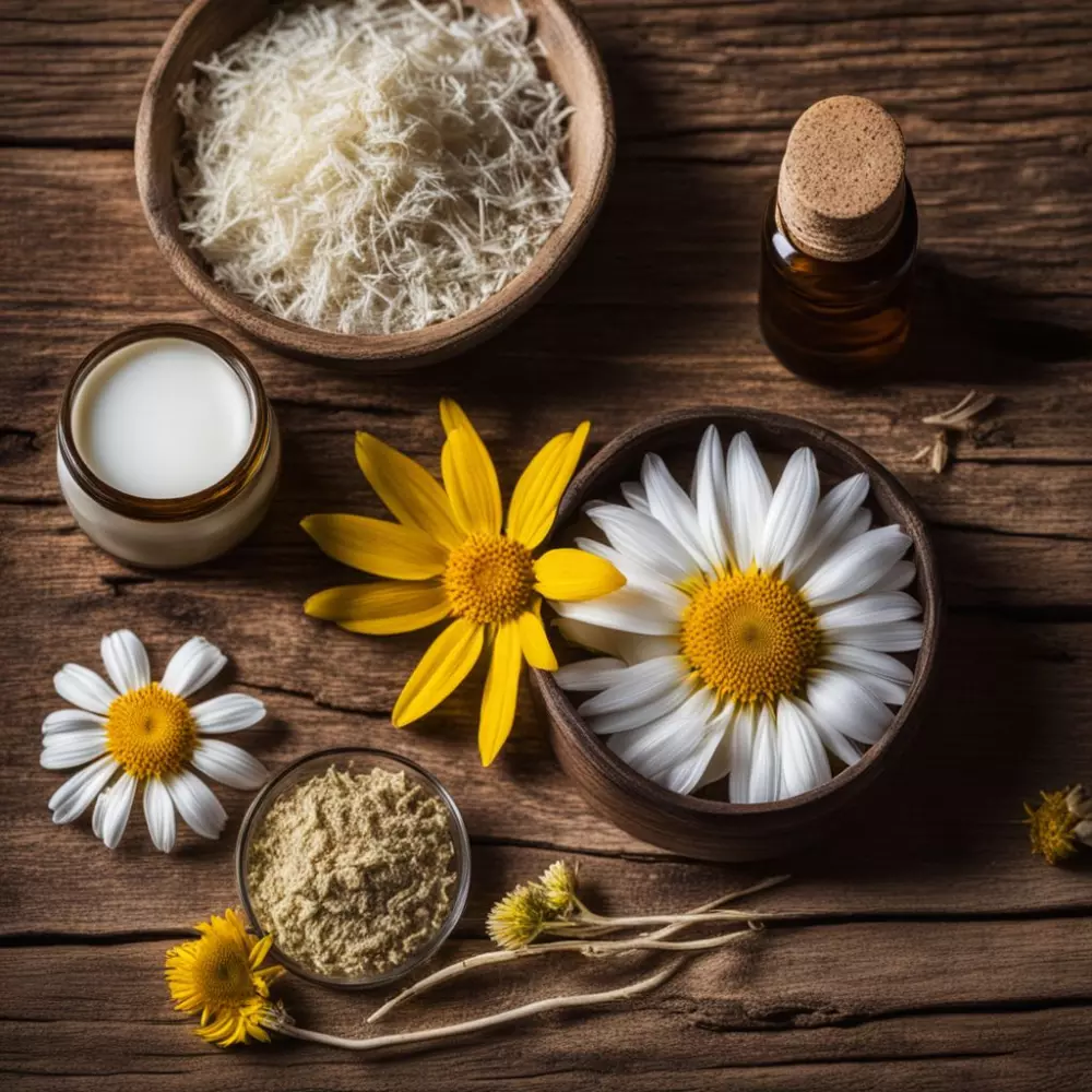 Verschiedene natürliche Zutaten wie Arnika-Blüten, weiße Wurzeln und ein kleiner Behälter mit Heparin, angeordnet auf einem rustikalen Holztisch, mit sanftem Sonnenlicht, das sanfte Schatten wirft. Fotografiert in hoher Auflösung mit einem Makro-Objektiv, um die Texturen und natürlichen Farben der Zutaten zu betonen.
