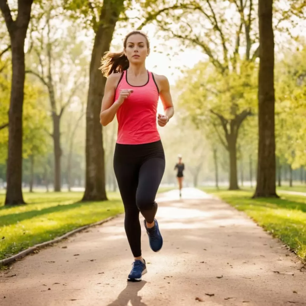 Person joggt in einem Park, Fokus auf einen gesunden Lebensstil zur Vorbeugung von Besenreisern, sonniger Tag im Freien, Fotografie, Fotografie mit Weitwinkelobjektiv und natürlichem Licht.