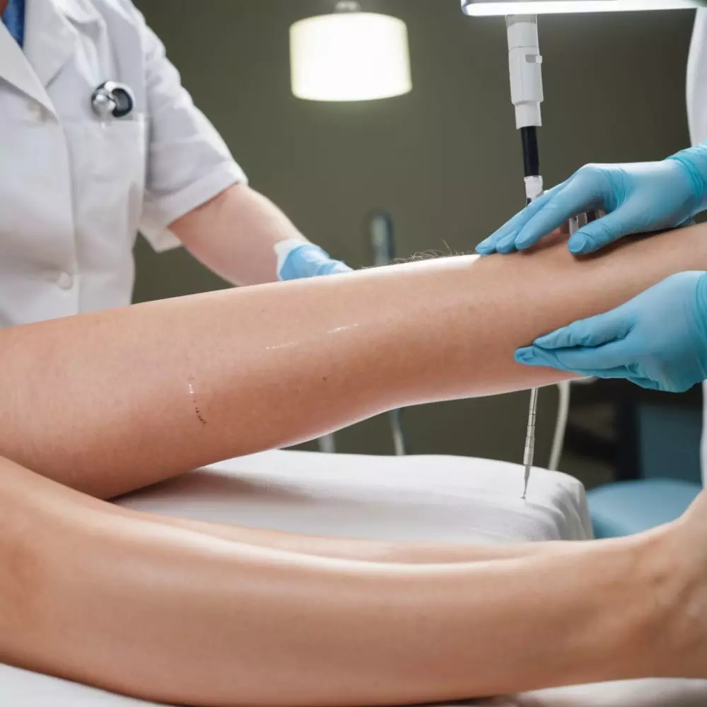 Das Bein eines Patienten wird für eine Behandlung von Krampfadern vorbereitet, wobei der Bereich um die Vene markiert ist und eine Spritze oder ein Lasergerät bereit zur Verwendung liegt, in einer sauberen klinischen Umgebung, unter hellem Licht, festgehalten in einem detailreichen Nahaufnahme-Foto.