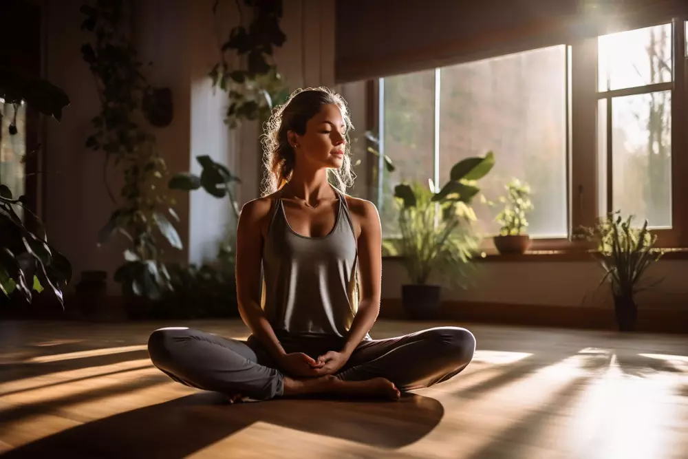 Frau in einer Yoga-Pose, die sich auf die Beinvenen konzentriert, in einem ruhigen Yoga-Studio mit sanfter Beleuchtung, ruhiger und meditativer Umgebung, fotografisch festgehalten, Fotografie mit einem 50mm-Objektiv, in hoher Auflösung.