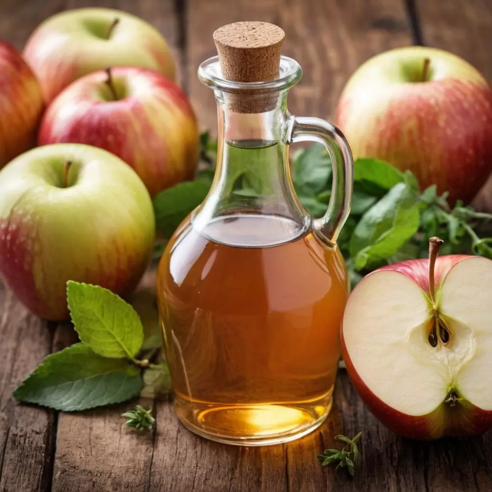 Nahaufnahme von Apfelessig umgeben von Zutaten wie Äpfeln und Kräutern auf einer Holzoberfläche, im sanften Tageslicht, fotografischer Stil umgesetzt mit einem Makroobjektiv in hoher Auflösung.