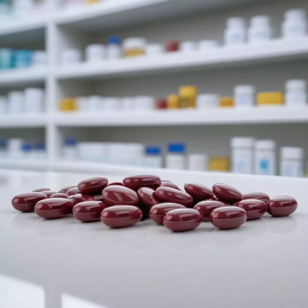 Verschiedene orale Antikoagulanzien liegen auf einer weißen Oberfläche verteilt, mit einem verschwommenen Apothekenhintergrund, in einem detailreichen und hochauflösenden fotografischen Stil.