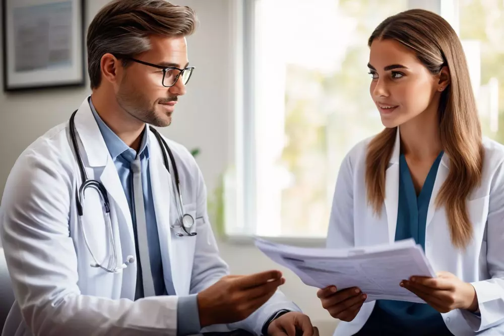 Nahaufnahme einer Beratung zwischen Arzt und Patient mit medizinischen Unterlagen in der Hand, die in einem medizinischen Büro diskutieren, in einer konzentrierten und informativen Umgebung. Fotografie, aufgenommen mit einer professionellen DSLR-Kamera in natürlicher Lichtumgebung.