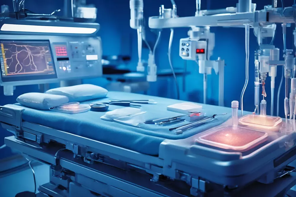 Verschiedene medizinische Instrumente zur Behandlung von Krampfadern wie Lasergeräte, Schaum-Injektionen und Radiofrequenzgeräte liegen auf einem sterilen medizinischen Tablett in einer sauberen klinischen Umgebung, mit Fokus auf den Instrumenten. Fotografie, Fotografie mit hoher Auflösung und detailliertem Fokus auf der Ausrüstung.